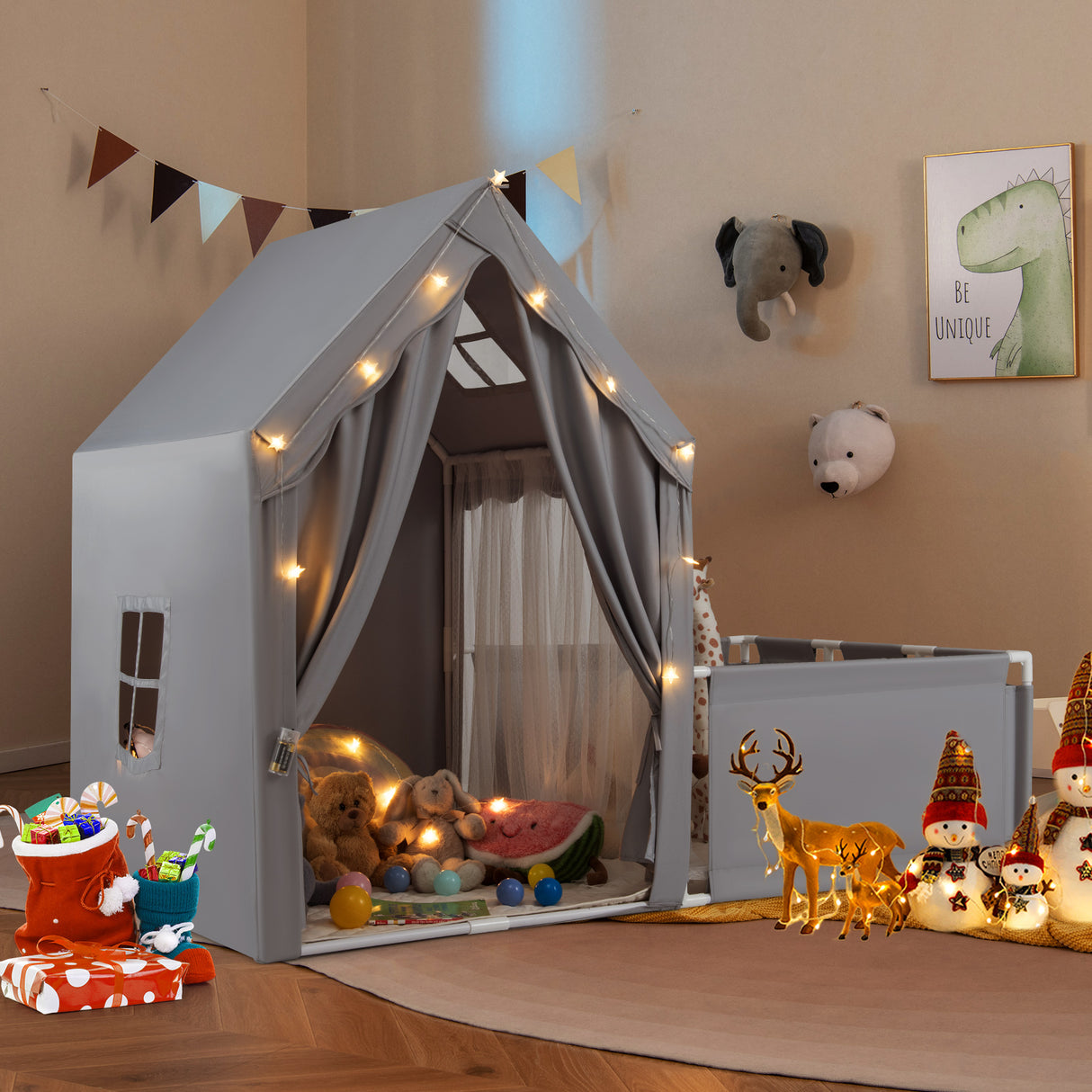 Kids Play Tent with Playpen 2-in-1 Toddler Playhouse with Yard-Grey