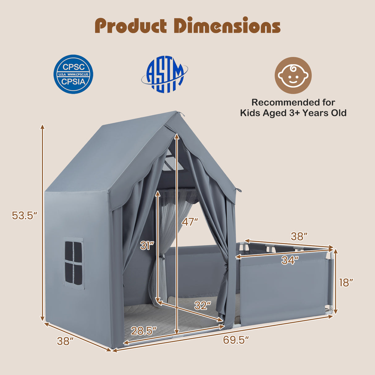 Kids Play Tent with Playpen 2-in-1 Toddler Playhouse with Yard-Grey