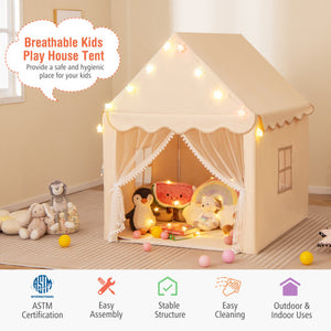 Kids Playhouse Tent with Star Lights and Mat-Beige