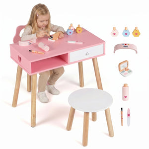 Kids Pretend Nail Salon Playset with Chair and Stool Wooden Toddlers Makeup and Manicure Kit with Eye Shadow-Pink