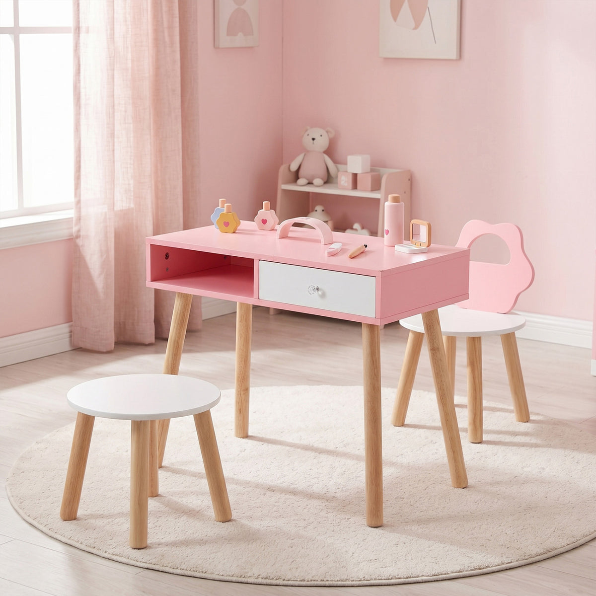 Kids Pretend Nail Salon Playset with Chair and Stool Wooden Toddlers Makeup and Manicure Kit with Eye Shadow-Pink