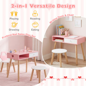 Kids Pretend Nail Salon Playset with Chair and Stool Wooden Toddlers Makeup and Manicure Kit with Eye Shadow-Pink