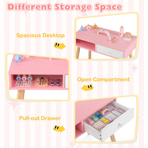 Kids Pretend Nail Salon Playset with Chair and Stool Wooden Toddlers Makeup and Manicure Kit with Eye Shadow-Pink