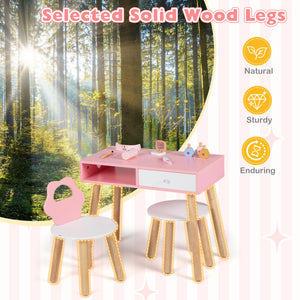 Kids Pretend Nail Salon Playset with Chair and Stool Wooden Toddlers Makeup and Manicure Kit with Eye Shadow-Pink