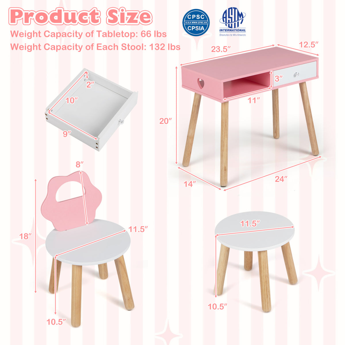 Kids Pretend Nail Salon Playset with Chair and Stool Wooden Toddlers Makeup and Manicure Kit with Eye Shadow-Pink