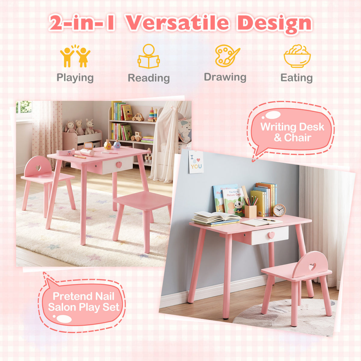 Kids Pretend Nail Salon Playset with Wooden Toddlers Makeup - Pink