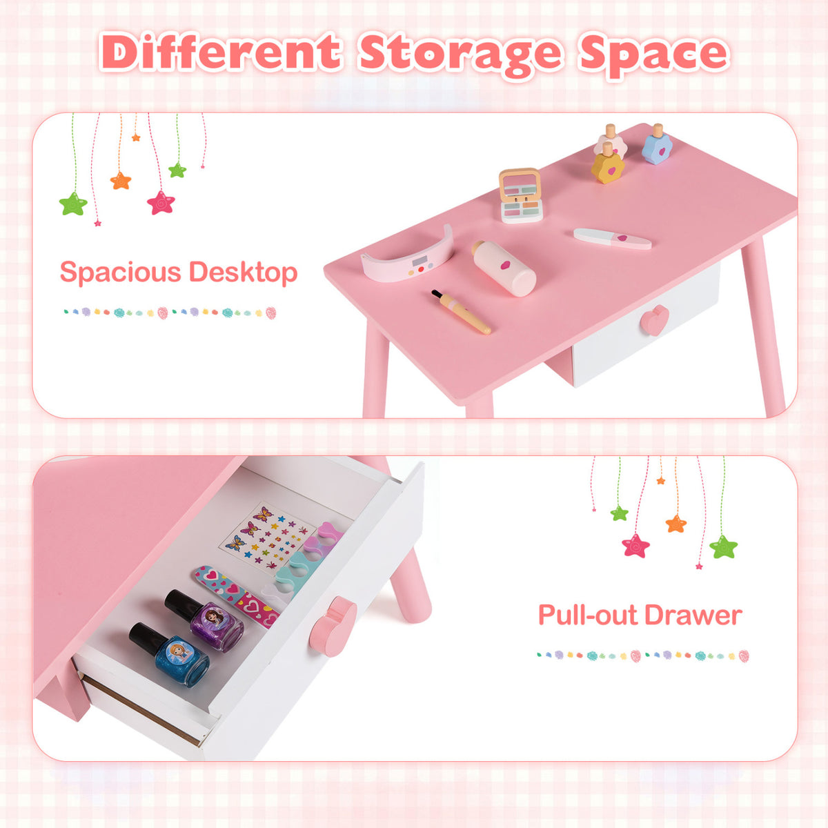 Kids Pretend Nail Salon Playset with Wooden Toddlers Makeup - Pink