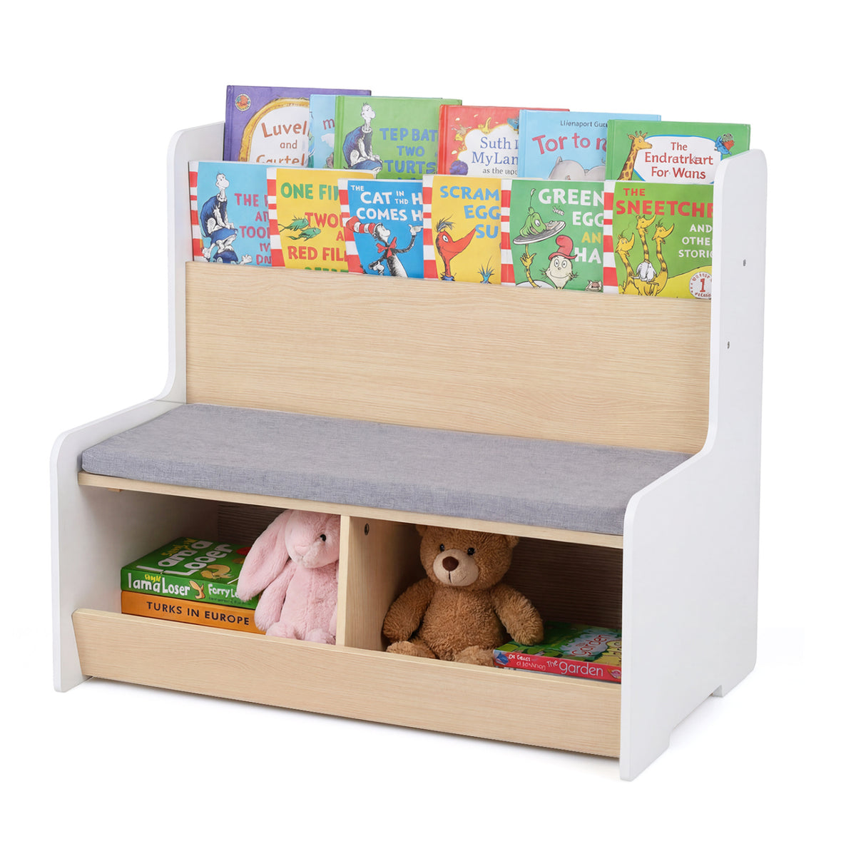 Kids Reading Nook with Bench Bookshelf and 2 Cubbies-White