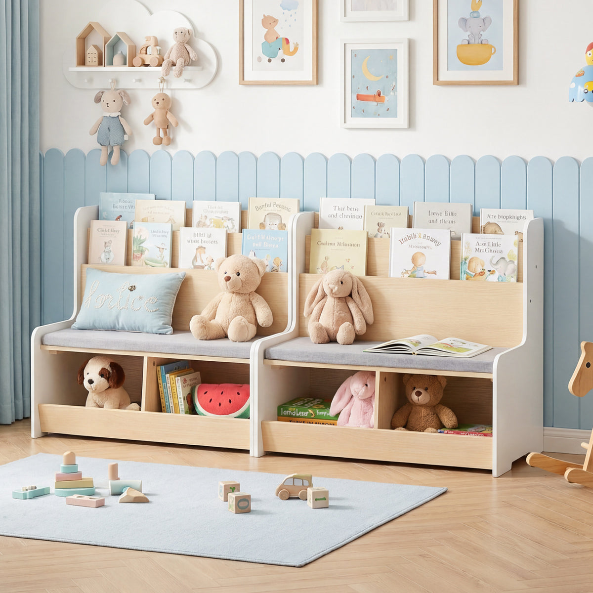 Kids Reading Nook with Bench Bookshelf and 2 Cubbies-White