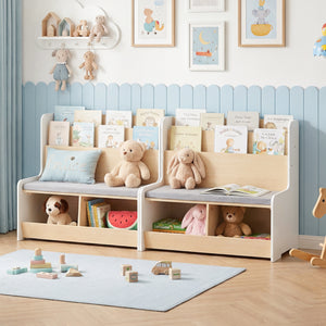 Kids Reading Nook with Bench Bookshelf and 2 Cubbies-White