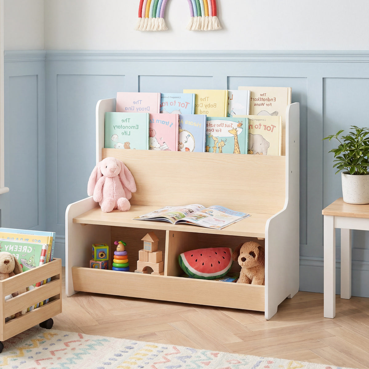 Kids Reading Nook with Bench Bookshelf and 2 Cubbies-White