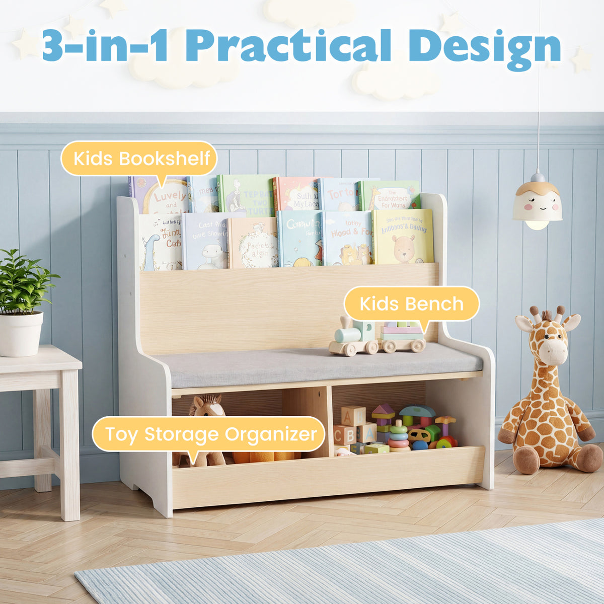 Kids Reading Nook with Bench Bookshelf and 2 Cubbies-White