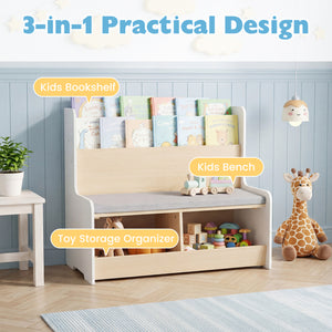 Kids Reading Nook with Bench Bookshelf and 2 Cubbies-White