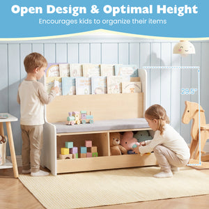 Kids Reading Nook with Bench Bookshelf and 2 Cubbies-White