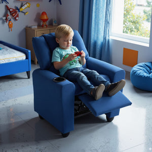 Kids Recliner Chair Push Back Toddler Reclining Armchair with Cup Holder-Blue