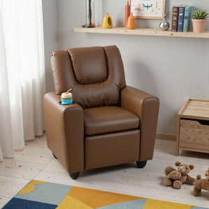 Kids Recliner Chair Push Back Toddler Reclining Armchair with Cup Holder-Brown