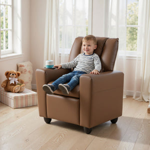 Kids Recliner Chair Push Back Toddler Reclining Armchair with Cup Holder-Brown