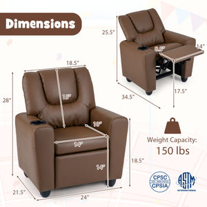 Kids Recliner Chair Push Back Toddler Reclining Armchair with Cup Holder-Brown