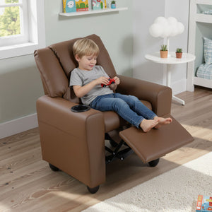 Kids Recliner Chair Push Back Toddler Reclining Armchair with Cup Holder-Brown
