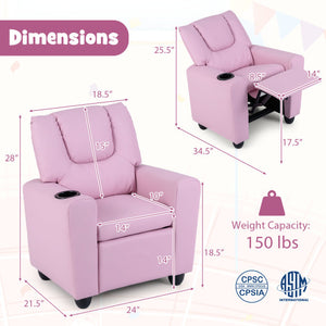 Kids Recliner Chair Push Back Toddler Reclining Armchair with Cup Holder-Pink