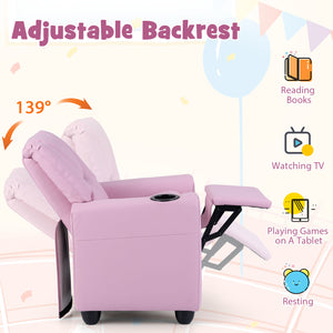 Kids Recliner Chair Push Back Toddler Reclining Armchair with Cup Holder-Pink