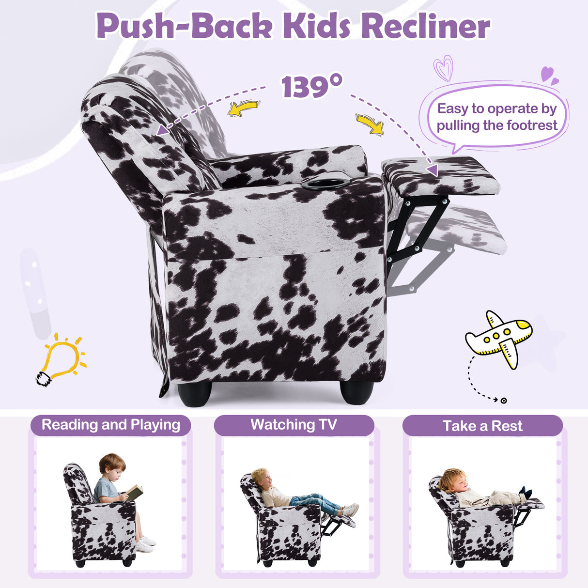 Kids Recliner Chair Push Back Toddler Reclining Armchair with Cup Holder-White