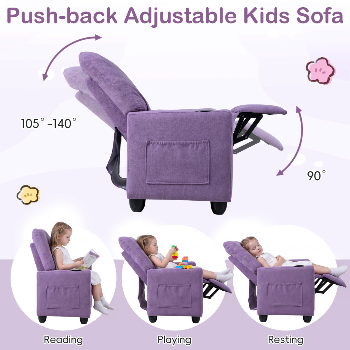 Kids Recliner Toddler Single Sofa with Adjustable Footrest and Cup Holder-Purple
