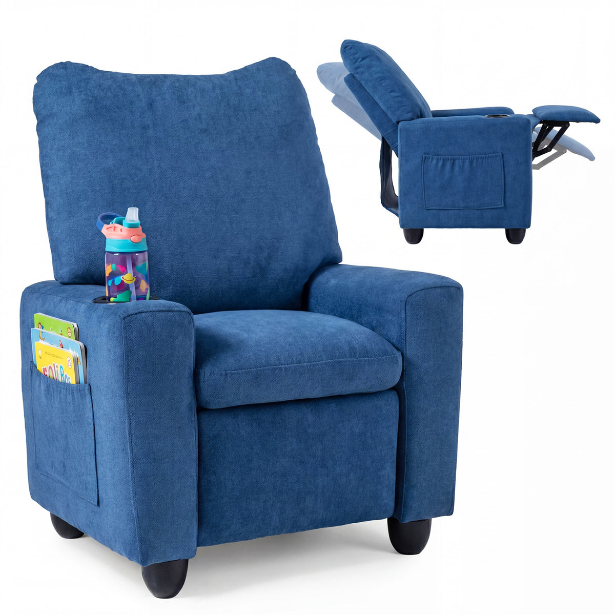 Kids Recliner Toddler Single Sofa with Adjustable Footrest and Cup Holder-Navy