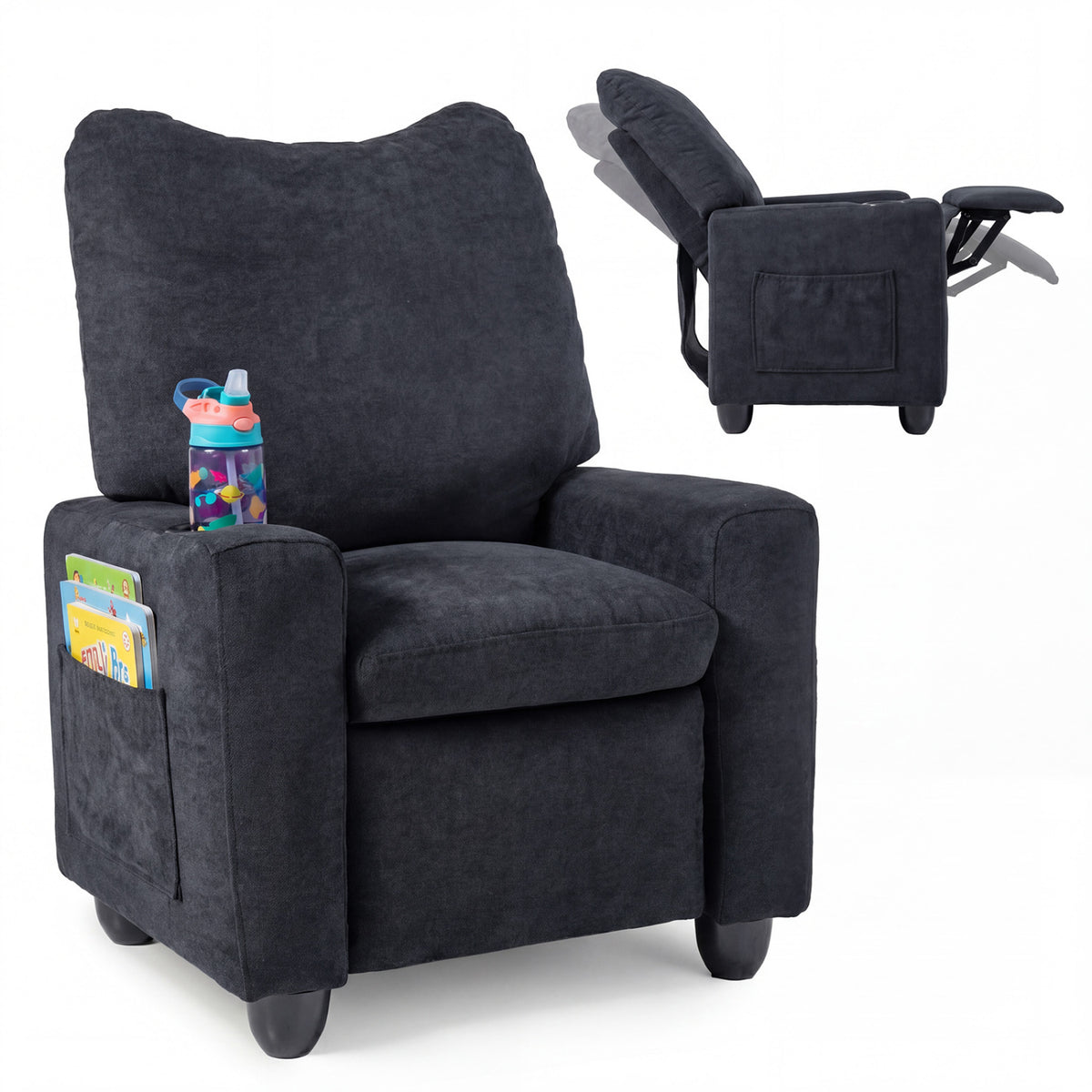 Kids Recliner Toddler Single Sofa with Adjustable Footrest and Cup Holder-Black