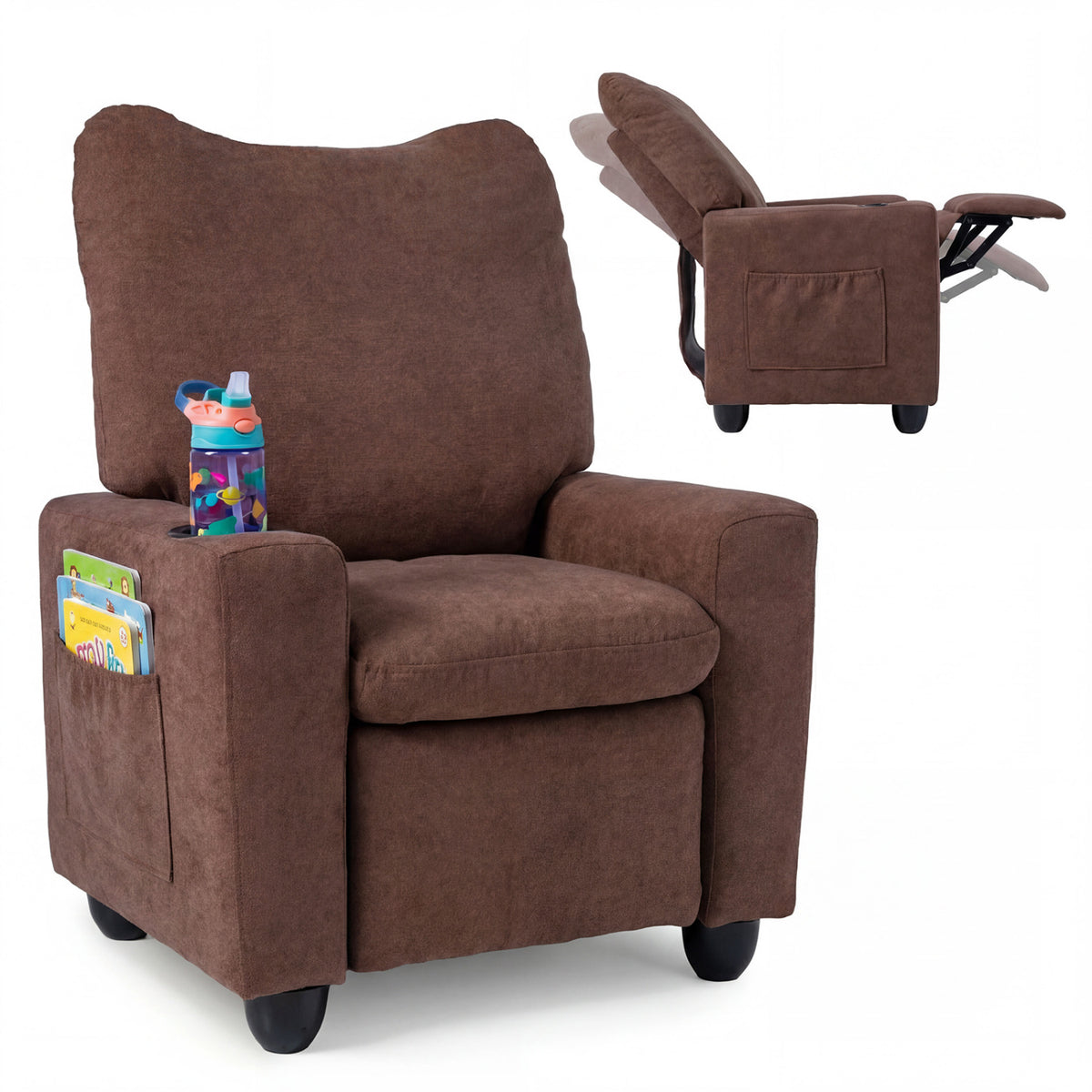Kids Recliner Toddler Single Sofa with Adjustable Footrest and Cup Holder-Brown