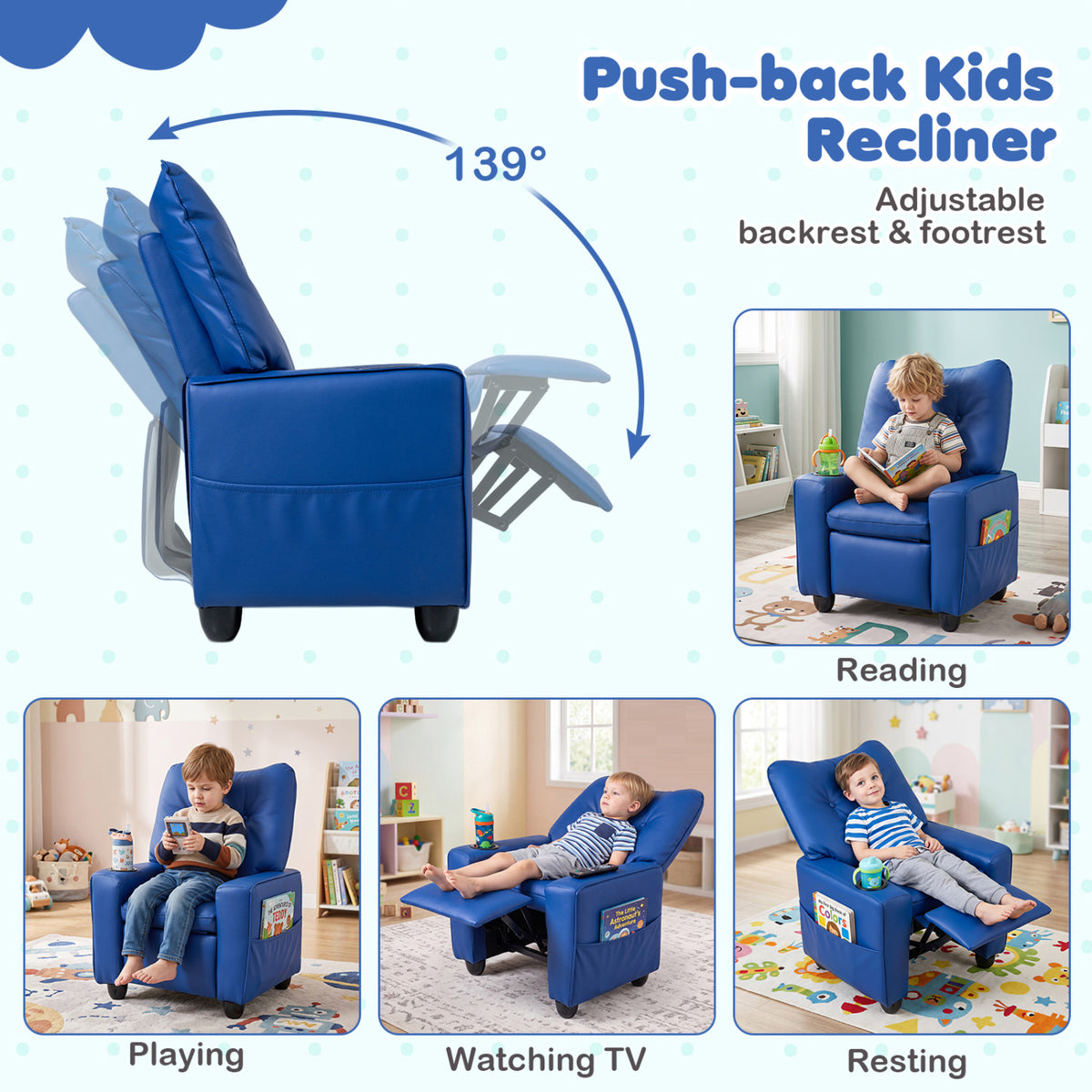Kids Recliner with Cup Holder Armrests and Adjustable Backrest for Playroom-Blue