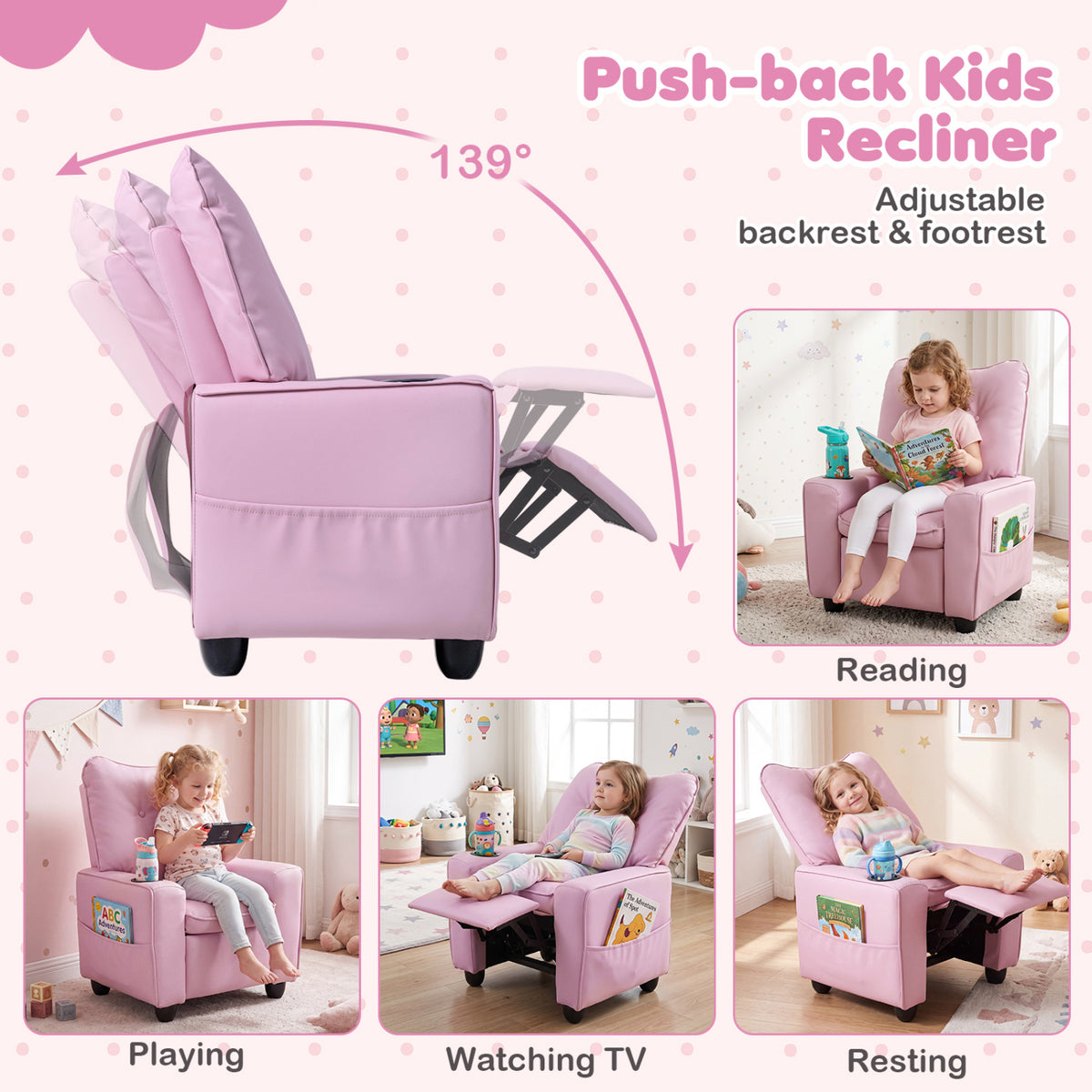 Kids Recliner with Cup Holder Armrests and Adjustable Backrest for Playroom-Pink