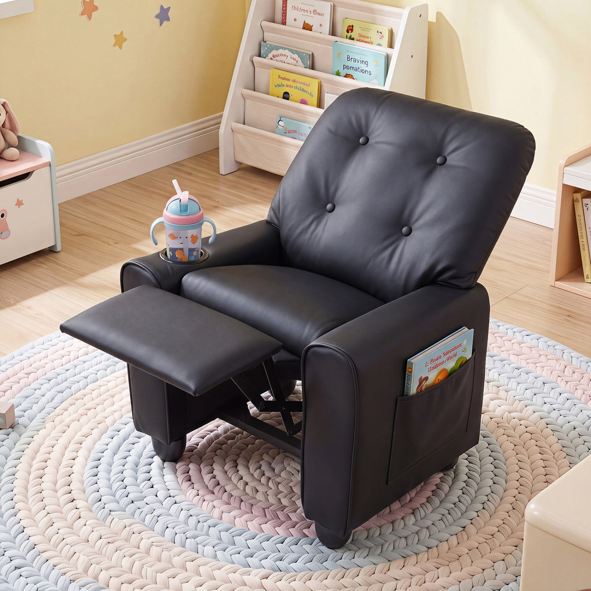 Kids Recliner with Cup Holder & Armrests and Adjustable Backrest Footrest-Black