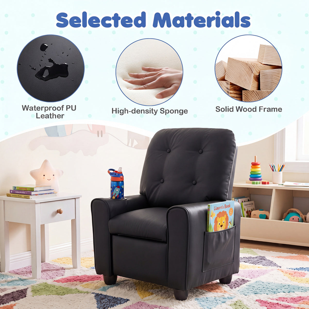 Kids Recliner with Cup Holder & Armrests and Adjustable Backrest Footrest-Black