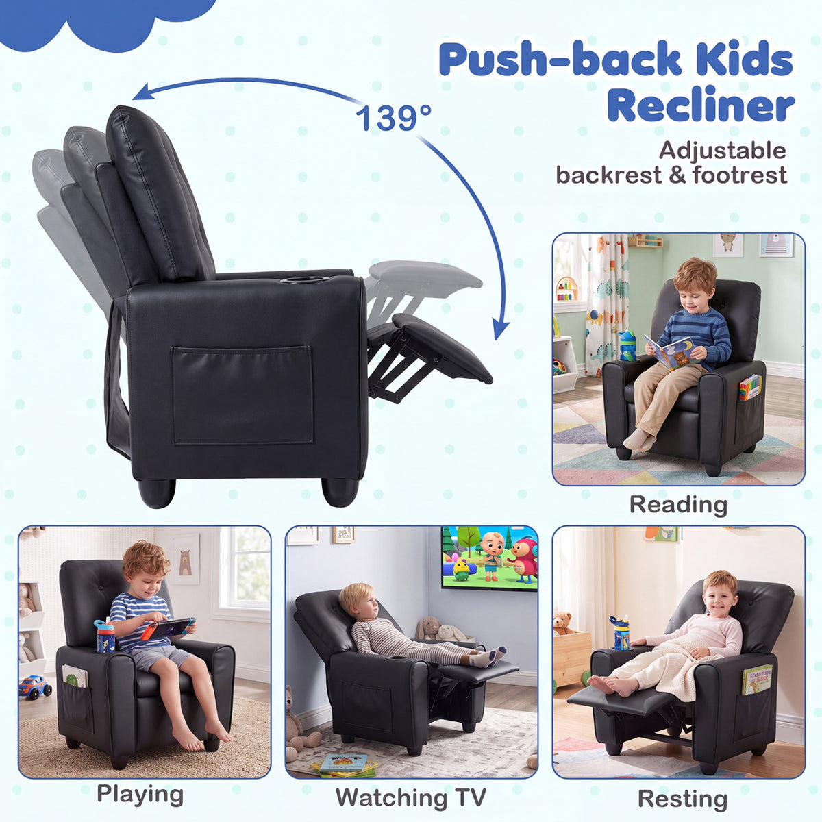 Kids Recliner with Cup Holder & Armrests and Adjustable Backrest Footrest-Black