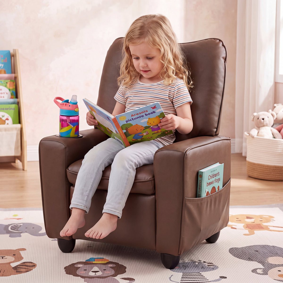 Kids Recliner with Cup Holder Armrests and Adjustable Backrest for Playroom-Brown