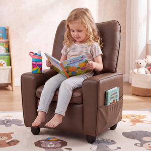 Kids Recliner with Cup Holder Armrests and Adjustable Backrest for Playroom-Brown