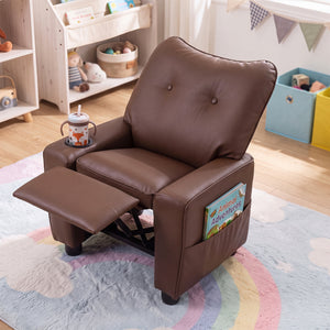 Kids Recliner with Cup Holder Armrests and Adjustable Backrest for Playroom-Brown