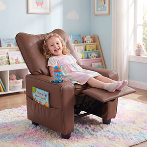 Kids Recliner with Cup Holder Armrests and Adjustable Backrest for Playroom-Brown