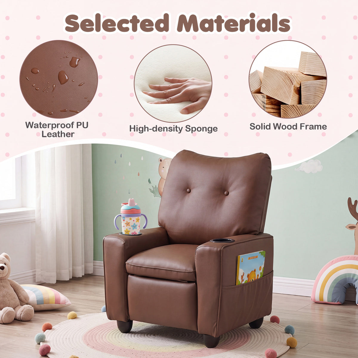 Kids Recliner with Cup Holder Armrests and Adjustable Backrest for Playroom-Brown