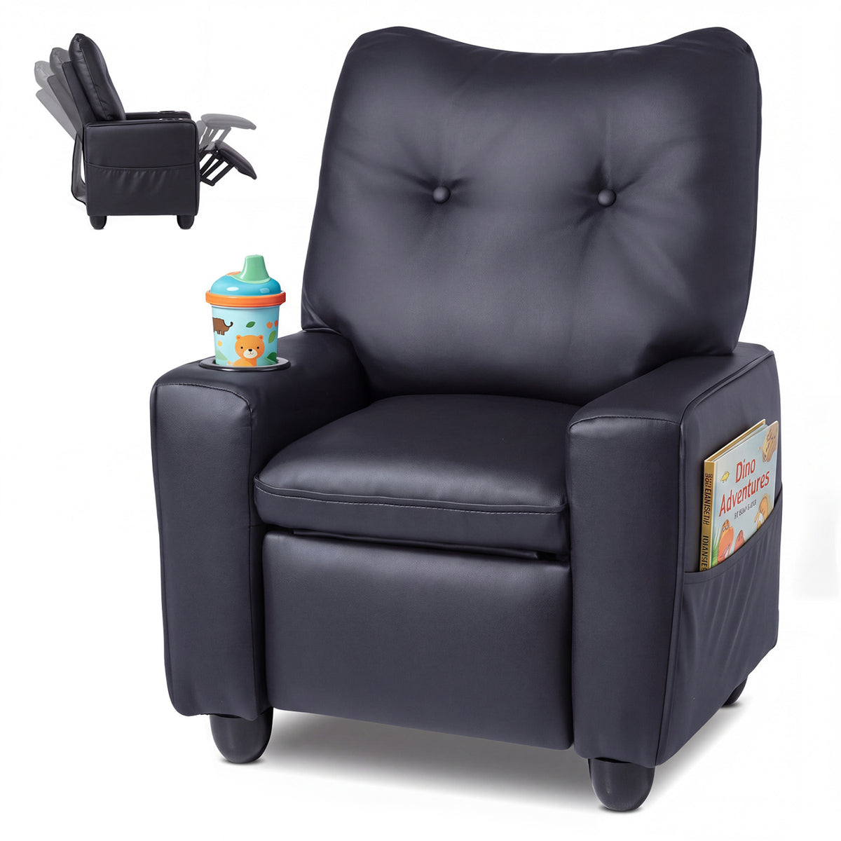 Kids Recliner with Cup Holder Armrests and Adjustable Backrest for Playroom-Black