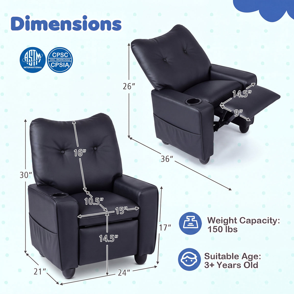 Kids Recliner with Cup Holder Armrests and Adjustable Backrest for Playroom-Black