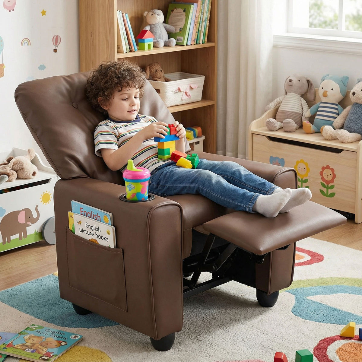 Kids Recliner with Cup Holder & Armrests and Adjustable Backrest Footrest-Brown
