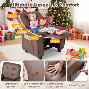 Kids Recliner with Cup Holder & Armrests and Adjustable Backrest Footrest-Brown