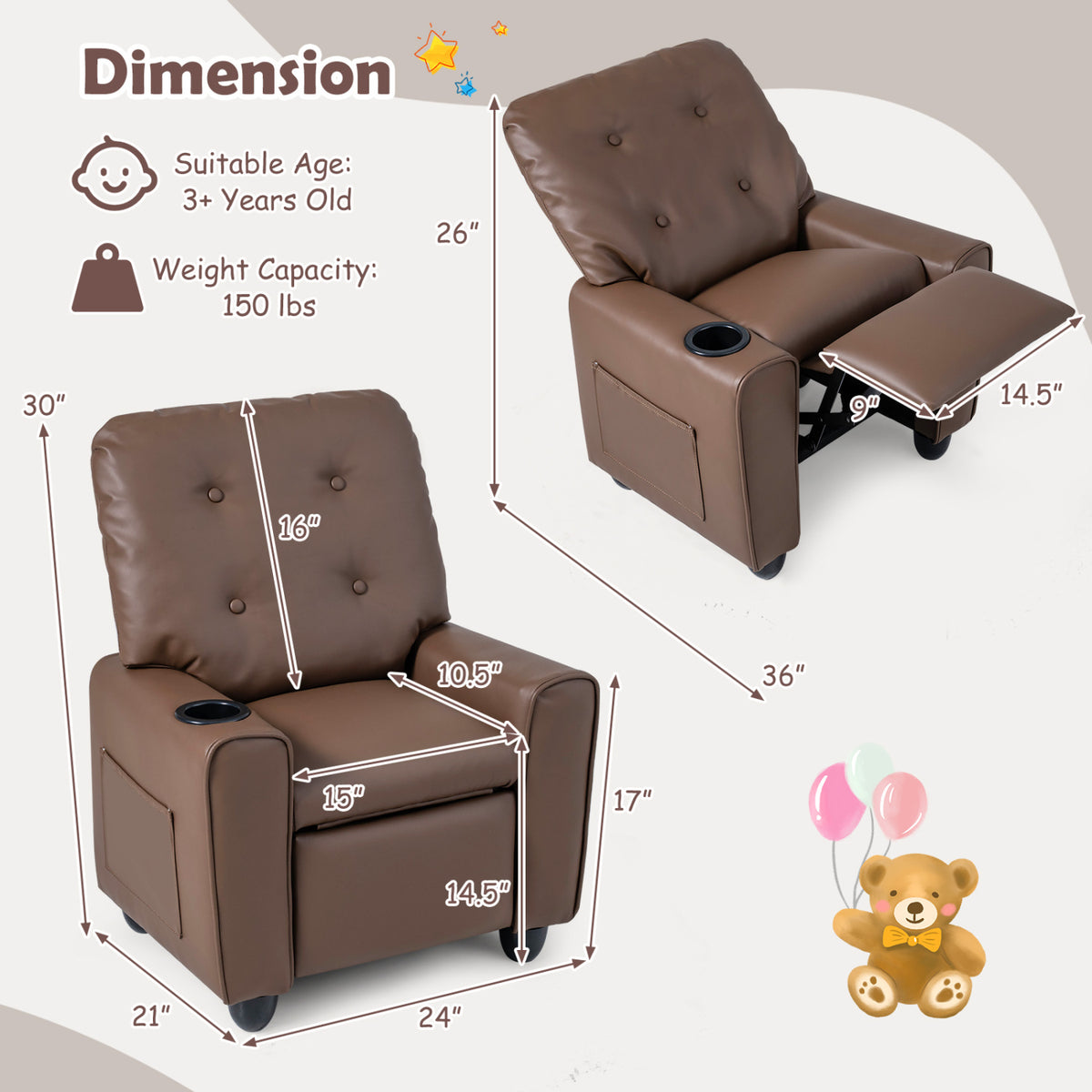 Kids Recliner with Cup Holder & Armrests and Adjustable Backrest Footrest-Brown