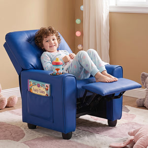 Kids Recliner with Cup Holder & Armrests and Adjustable Backrest Footrest-Blue