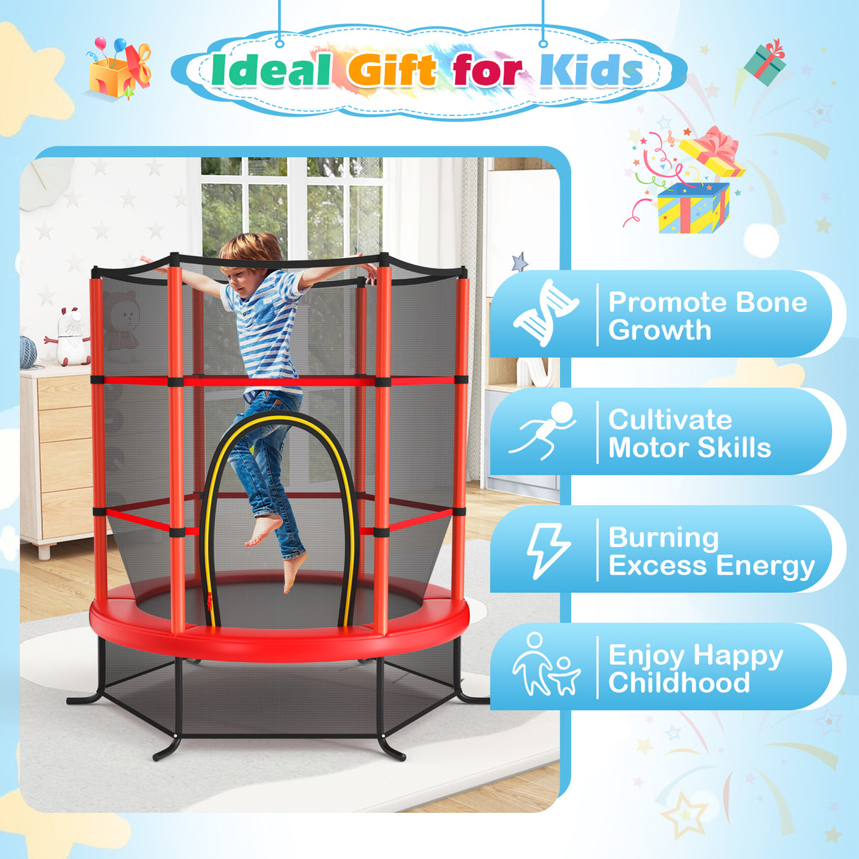 55 Inch Kids Recreational Trampoline Bouncing Jumping Mat with Enclosure Net-Navy