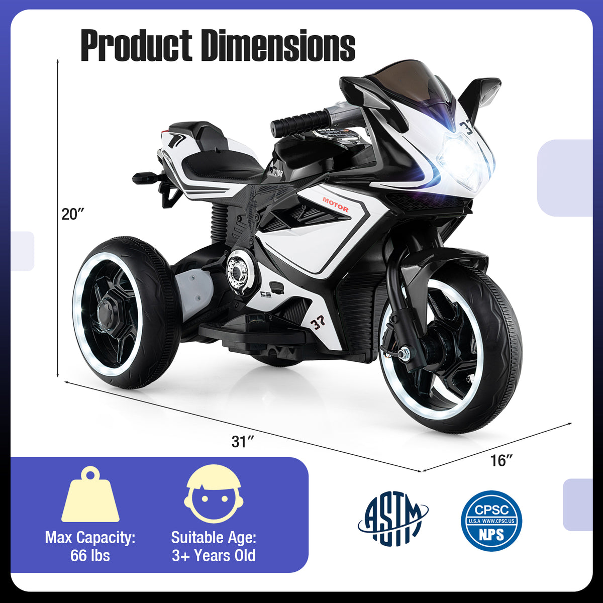 Kids Ride on Motorcycle 6V Battery Powered Mini Electric Motorbike with LED Lights-Black