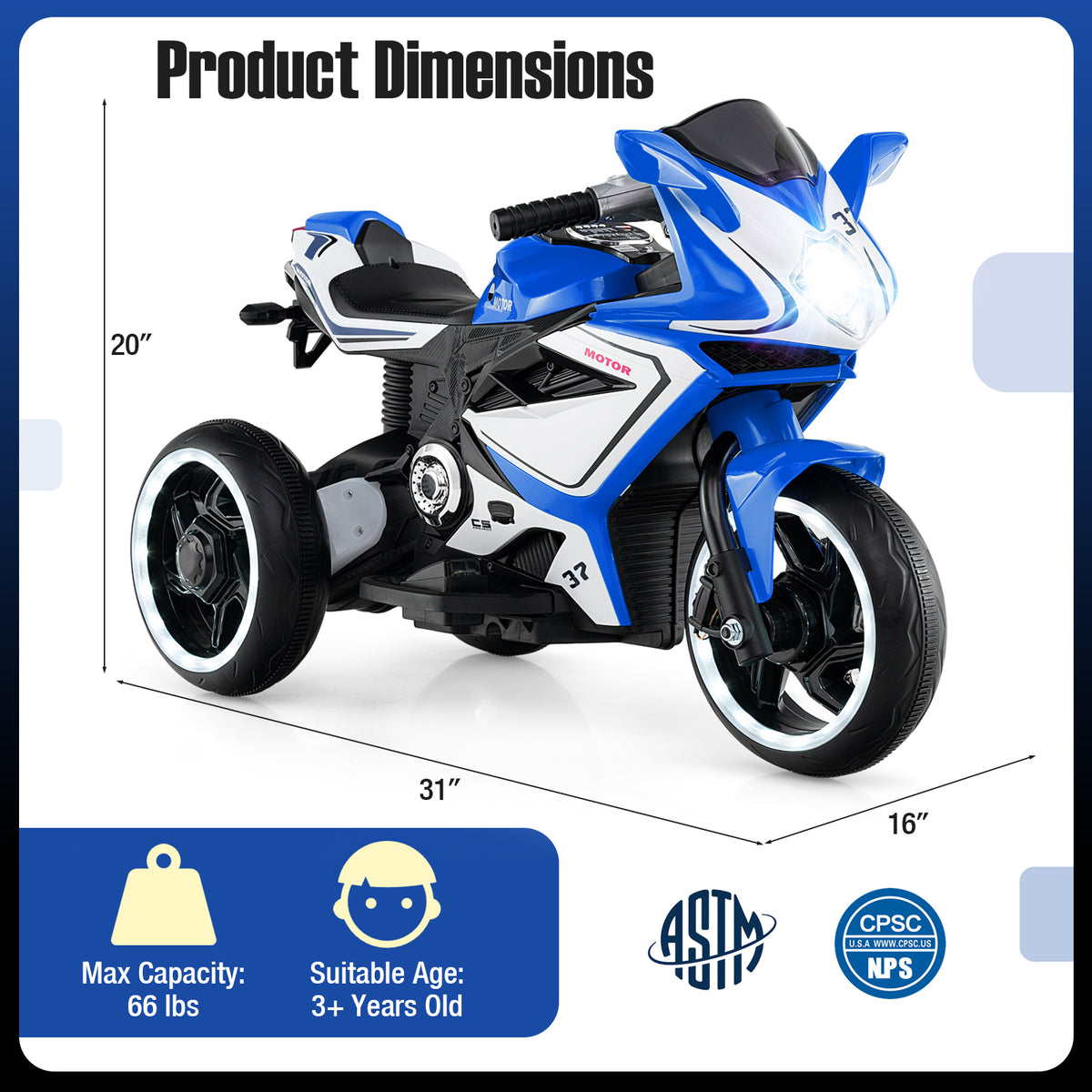 Kids Ride on Motorcycle 6V Battery Powered Mini Electric Motorbike with LED Lights-Navy