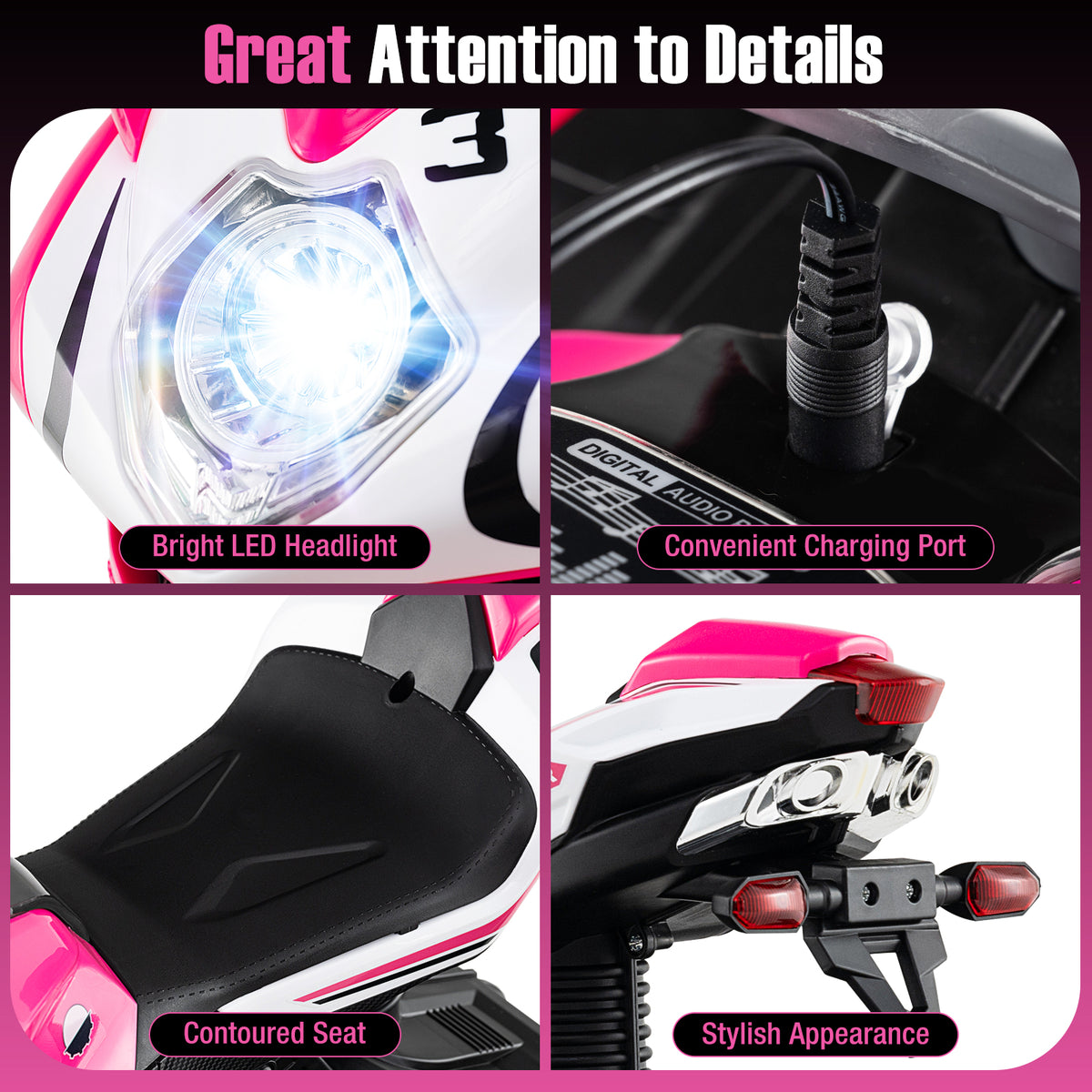 Kids Ride on Motorcycle 6V Battery Powered Mini Electric Motorbike with LED Lights-Pink